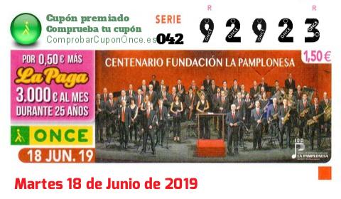 Cupón ONCE premiado el Martes 18/6/2019