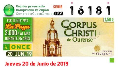 Cupón ONCE premiado el Jueves 20/6/2019