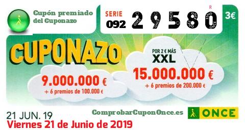 Cuponazo ONCE premiado el Viernes 21/6/2019