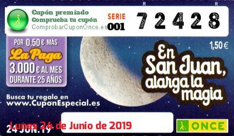 Cupón ONCE premiado el Lunes 24/6/2019
