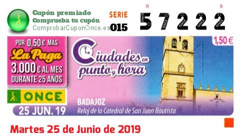 Cupón ONCE premiado el Martes 25/6/2019