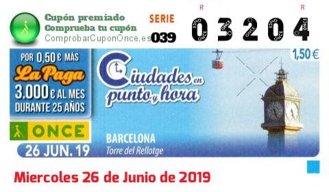 Cupón ONCE premiado el Miercoles 26/6/2019