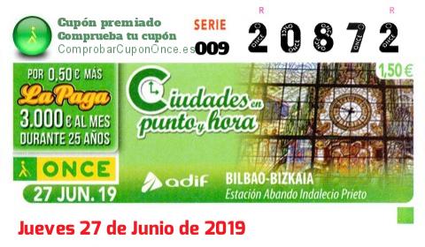 Cupón ONCE premiado el Jueves 27/6/2019