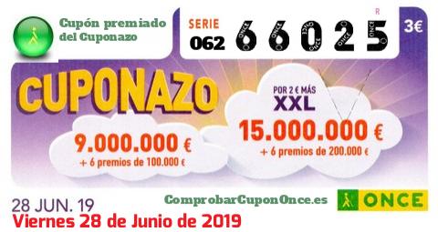Cuponazo ONCE premiado el Viernes 28/6/2019