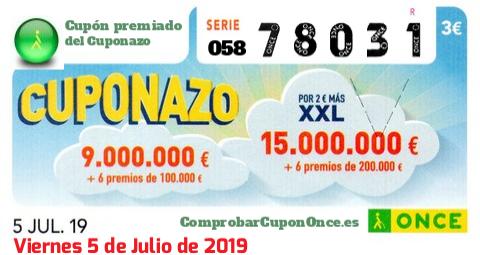 Cuponazo ONCE premiado el Viernes 5/7/2019