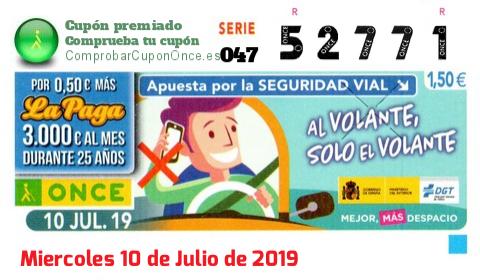 Cupón ONCE premiado el Miercoles 10/7/2019