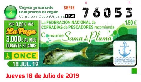 Cupón ONCE premiado el Jueves 18/7/2019