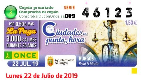Cupón ONCE premiado el Lunes 22/7/2019