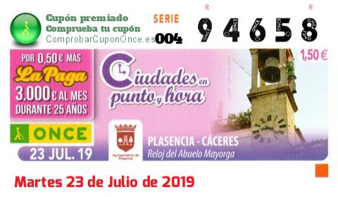 Cupón ONCE premiado el Martes 23/7/2019