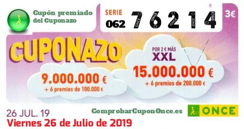 Cuponazo ONCE premiado el Viernes 26/7/2019