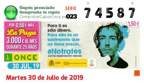 Cupón ONCE premiado el Martes 30/7/2019