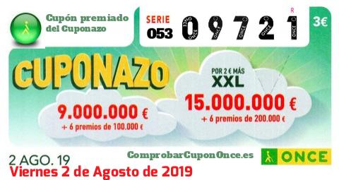 Cuponazo ONCE premiado el Viernes 2/8/2019