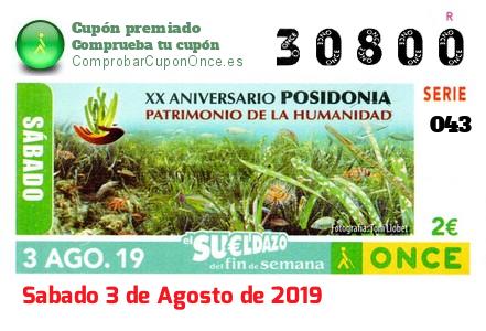 Sueldazo ONCE premiado el Sabado 3/8/2019