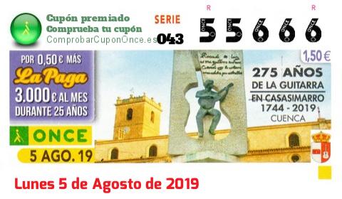 Cupón ONCE premiado el Lunes 5/8/2019