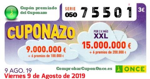 Cuponazo ONCE premiado el Viernes 9/8/2019