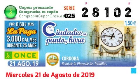 Cupón ONCE premiado el Miercoles 21/8/2019