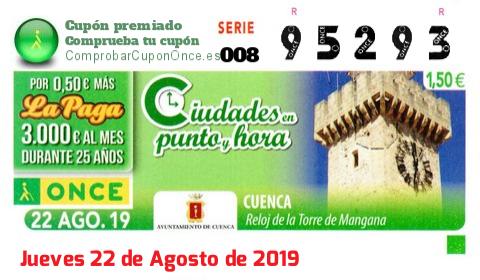 Cupón ONCE premiado el Jueves 22/8/2019