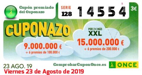 Cuponazo ONCE premiado el Viernes 23/8/2019