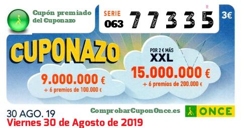 Cuponazo ONCE premiado el Viernes 30/8/2019