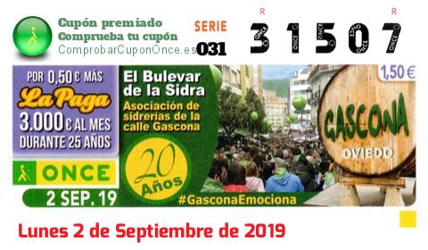 Cupón ONCE premiado el Lunes 2/9/2019