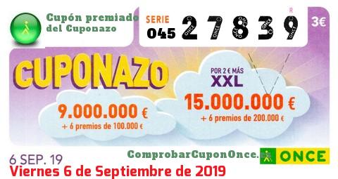 Cuponazo ONCE premiado el Viernes 6/9/2019