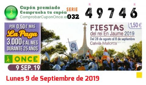 Cupón ONCE premiado el Lunes 9/9/2019