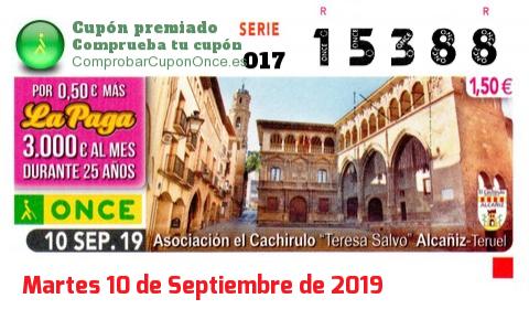 Cupón ONCE premiado el Martes 10/9/2019