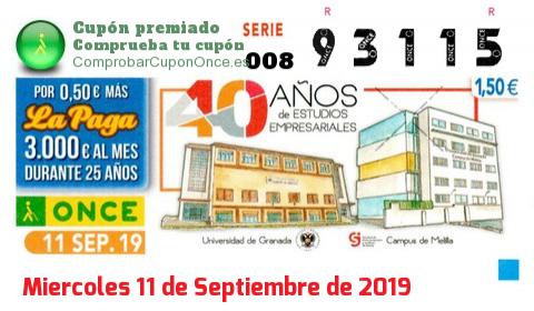 Cupón ONCE premiado el Miercoles 11/9/2019