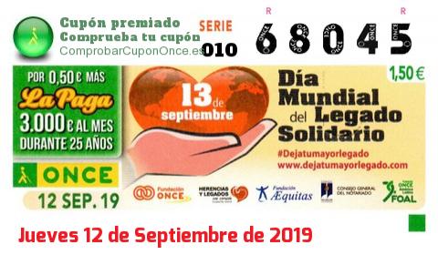 Cupón ONCE premiado el Jueves 12/9/2019