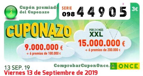 Cuponazo ONCE premiado el Viernes 13/9/2019