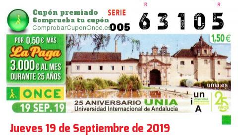 Cupón ONCE premiado el Jueves 19/9/2019