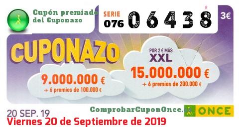 Cuponazo ONCE premiado el Viernes 20/9/2019