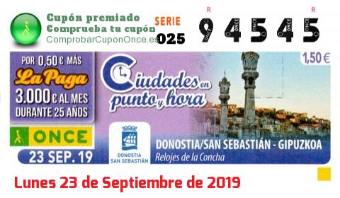 Cupón ONCE premiado el Lunes 23/9/2019