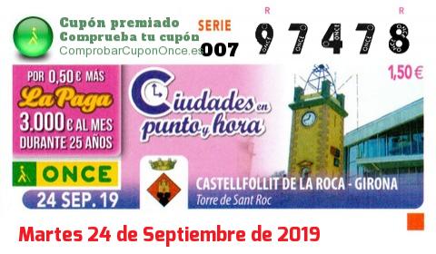 Cupón ONCE premiado el Martes 24/9/2019