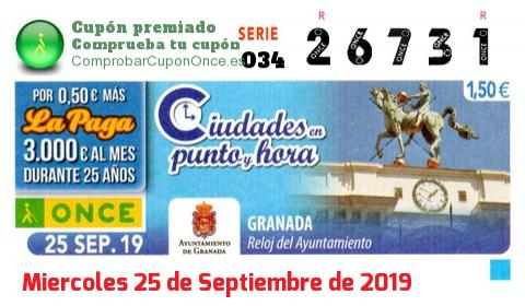 Cupón ONCE premiado el Miercoles 25/9/2019