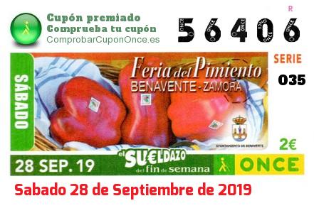 Sueldazo ONCE premiado el Sabado 28/9/2019