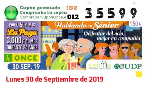 Cupón ONCE premiado el Lunes 30/9/2019