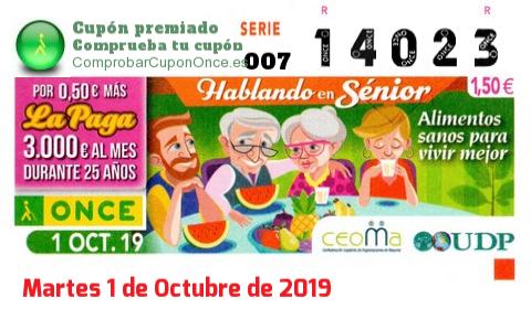 Cupón ONCE premiado el Martes 1/10/2019