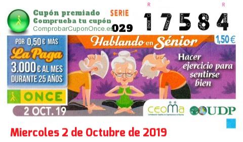 Cupón ONCE premiado el Miercoles 2/10/2019