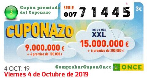 Cuponazo ONCE premiado el Viernes 4/10/2019