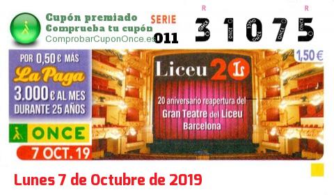 Cupón ONCE premiado el Lunes 7/10/2019