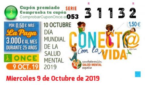 Cupón ONCE premiado el Miercoles 9/10/2019