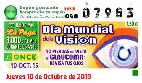 Cupón ONCE premiado el Jueves 10/10/2019