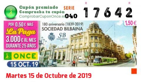 Cupón ONCE premiado el Martes 15/10/2019
