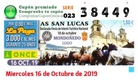 Cupón ONCE premiado el Miercoles 16/10/2019