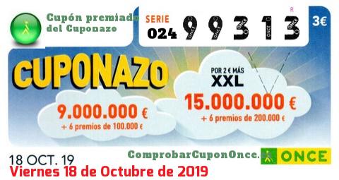 Cuponazo ONCE premiado el Viernes 18/10/2019