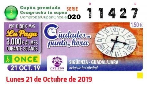 Cupón ONCE premiado el Lunes 21/10/2019