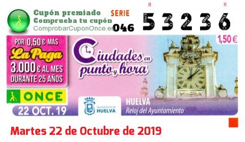 Cupón ONCE premiado el Martes 22/10/2019