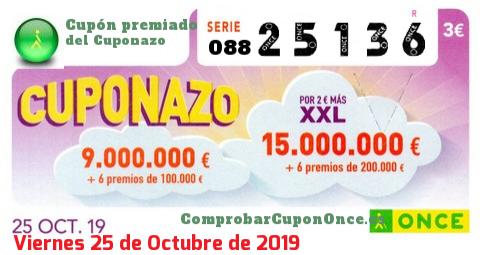 Cuponazo ONCE premiado el Viernes 25/10/2019