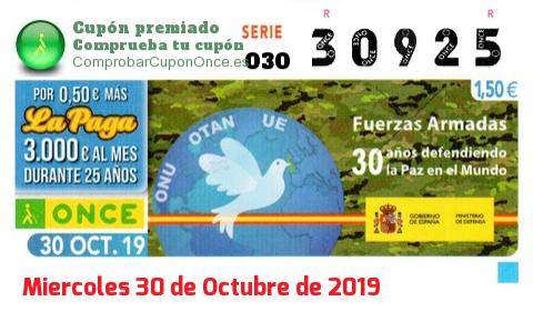 Cupón ONCE premiado el Miercoles 30/10/2019